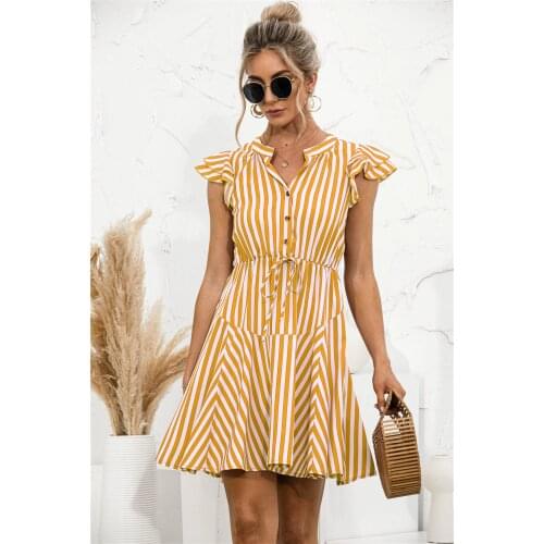 Summer Dress Women Striped Print A-Line Dresses Button V-Neck Flying Sleeves Mini Dress For Women Clothing Vestidos Femme Robes