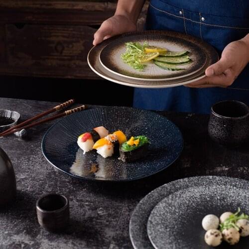 Simple Art Retro Ceramic Western Food Steak Ramen Dish Japanese Style 12 Inch Round Sushi Snack Plate Hotel Restaurant Tableware