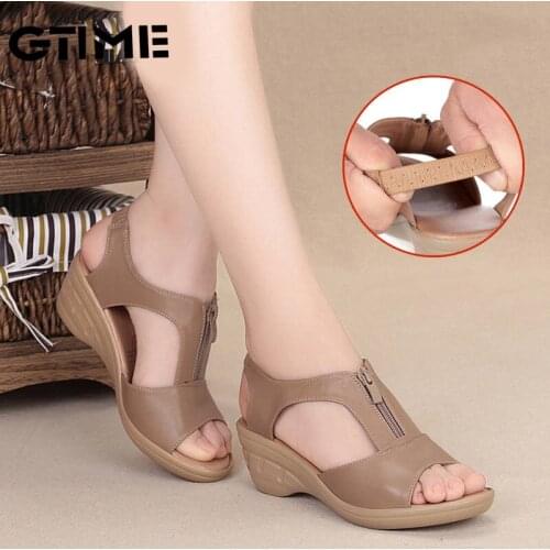 Summer New Women Sandals High Heel Wedges Leather Shoes Woman Solid Casual Zip Platform Sandals Plus Size 35-41 Ladies Shoes