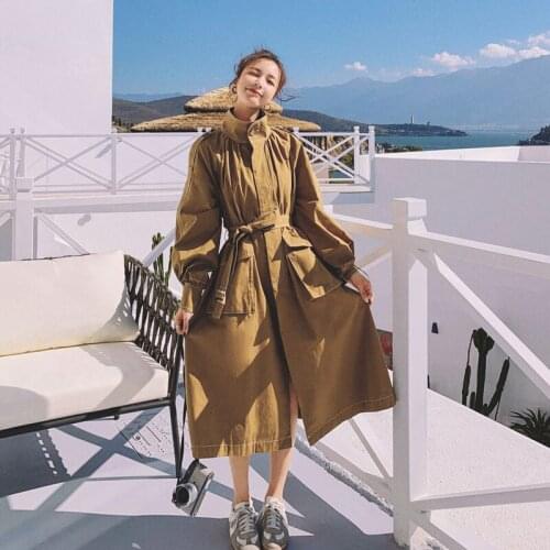 2021 Spring Windbreaker Womens Design Korean Loose Plus Size Over The Knee Dress Stand Collar Vintage French Trench Coat zh579