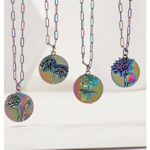 Vintage Creative Birth Month Flower Necklace Colorful BIossom Lotus Rose Flower Coin Pendant For Women Personality Birthday Gift