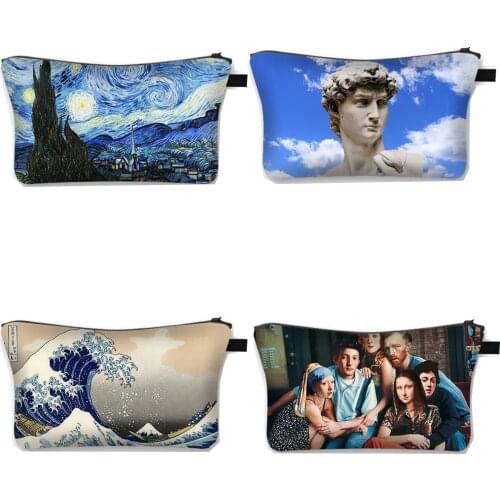 Starry Night / Statue David / Mona Lisa Cosmetic Bag Van Gogh / Michelangelo Women Makeup Bag Ladies Cosmetic Case Girls Bags