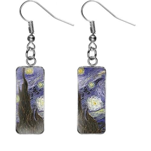 Women Glass Drop Earrings Van Gogh Paintings The Starry Night Sunflowers Irises Almond Rectangle Earrings Hand Craft Jewelry