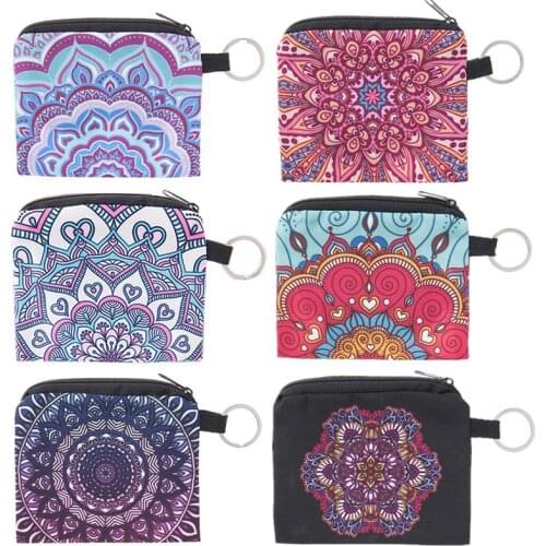 Womens Lady Kid Coin Holder Polyester Mini Coin Pouch Zipper Money Key Earphone Line Wallet Mandala Series Coin Bag 3D Printing