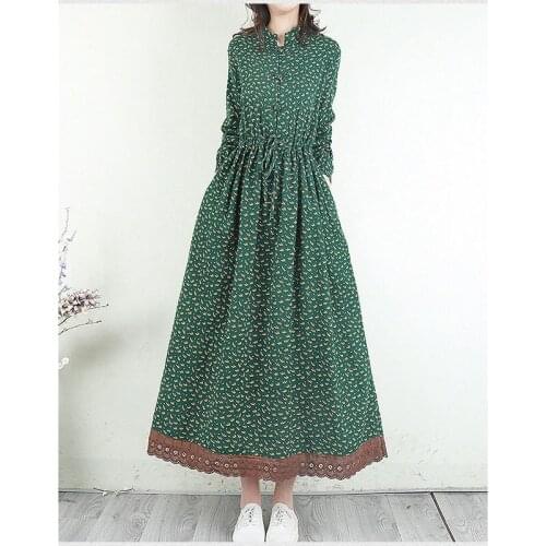 Retro Literary Cotton And Linen Floral Dress Spring Autumn 2021 New Style Buckle Drawstring Lace Female Long Vestidos L296