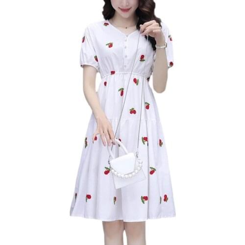 Cherry Printed Dress Women 2021 Summer New Korean Sweet Puff Sleeve V-neck Elegant Slim Loose Midi Dresses Female LR1456