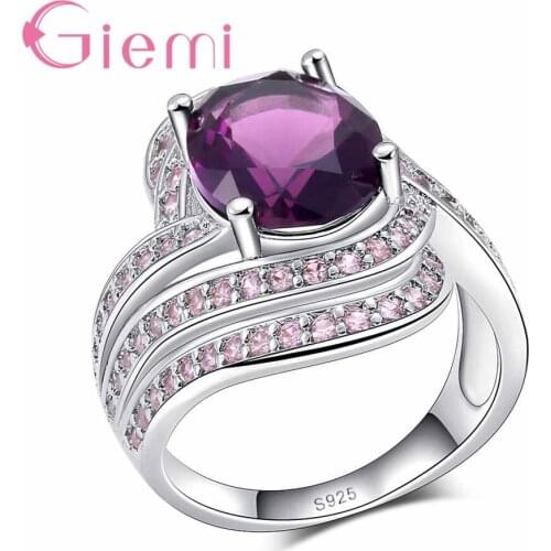 New Elegant Style Tide Round Cut Wide Ring For Women Engagement Party Band Purple 925 Sterling Silver Ring Wedding