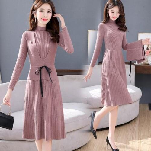 Knitted Dress Women Spring Autumn 2021 New Korean Temperament Knit 2 Piece Sets Fashion Vest + Sweater Dress Outfit X108