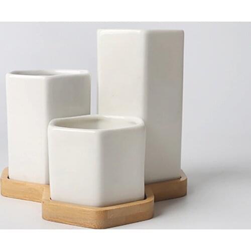 3Pcs Nordic Hexagonal Ceramic Succulent Plants Planter With Bamboo Tray White Porcelain Flower Pot Desktop Decor Bonsai Holder
