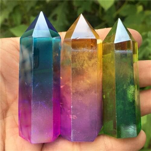 Bicolourable aura crystal wand point electroplating Titanium coating quartz stone magic wand 1pcs