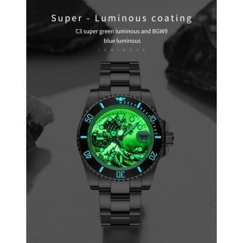 BLIGER Surfing Dial SUB 40MM Mechanical Men Watch 24 Jewels NH35A Luminous Dial Middle Polish Oyster Strap Screwdown Crown Date