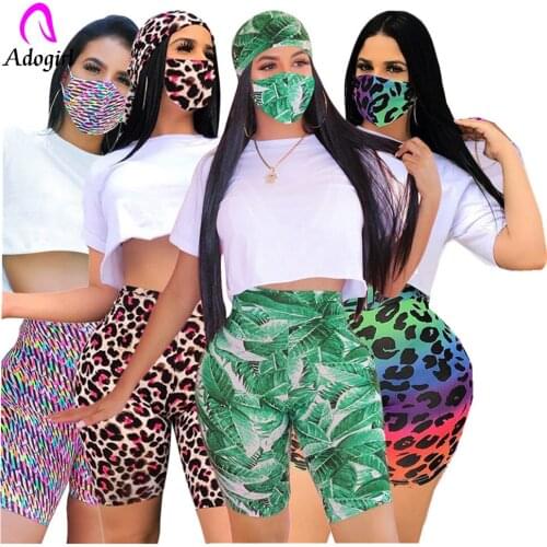 Fitness Women 2 Pieces Set with Mask Solid White Tee Tops Leopard Shorts Jogger Sweatpants Suit Tracksuit Matching Set Outfit