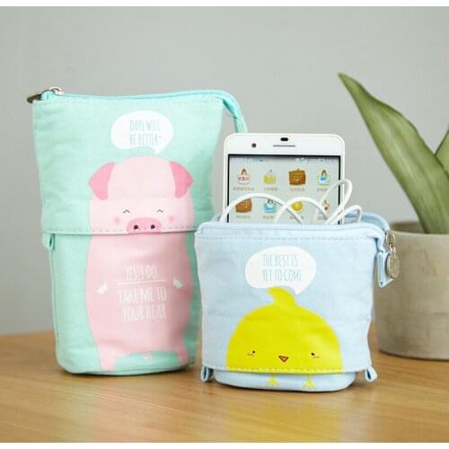 Flexible Big Cat Pencil Case School Supplies Stationery Cute Bear Sheep Canvas Fold Standing Holder Stationery Kids Gift Pen Bag