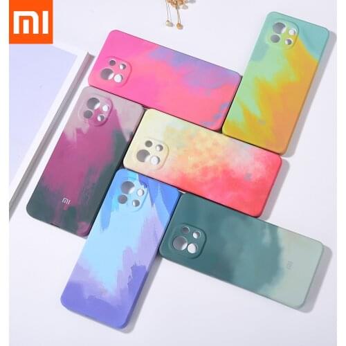 Mi 11 Square Watercolor Case Original Xiaomi Liquid Silicone Soft Full Protect Cover For Mi 11 M2011K2C Colorful Panting Coque