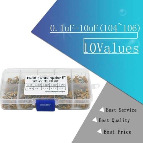 500PCS/lot Multilayer Ceramic Capacitor Assortment Kit 10Values*50PCS 0.1uF-10uF(104~106) 50V Ceramic Capacitors Set pack