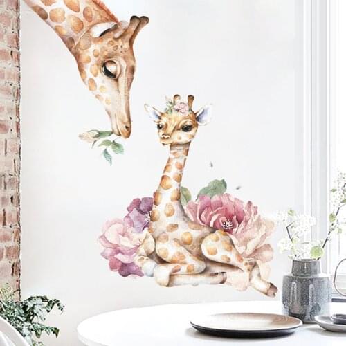 Giraffe Mom And Baby Wall Sticker Poster Flower Living Room Decoration Childrens Playground Decal Cartoon Home Decor Wallpaper
