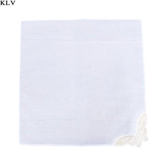 28x28cm Women Plain White Square Handkerchiefs Crochet Butterfly Lace Corner Bridal Wedding DIY Cotton Napkin Pocket Hanky Towel
