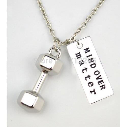 New Arrival Fitness Weightlifting jewelry Large Dumbbell barbell with MIND OVER matter Gym sports necklace