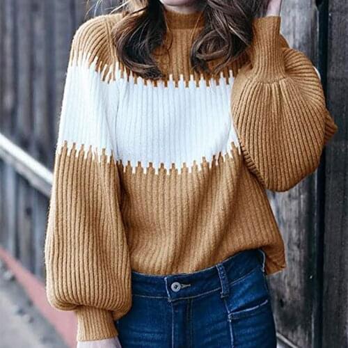 Autumn Patchwork Knitted Ribbed Womens Sweaters Turtleneck Long Lantern Sleeve Female Pullover Streetwear Casual Ladies Sweater