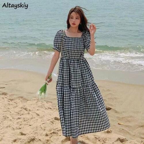 Dress Women Summer Loose Plaid Sweet Vintage French Style A-line High Waist Female Vestido Temperament Holiday Square Collar New