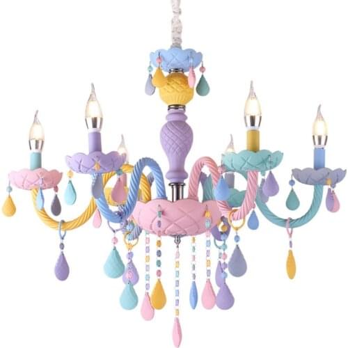 Rainbow Crystal LED Chandeliers European Candle Lustre Makaron Princess Lamp Lights Decor For Home Baby Childrens Kids Bedroom