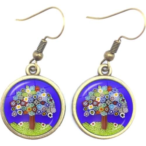 Tree Of Life Drop Earrings Murano Millefiori 16mm Glass Cabochon Earring Jewelry For Women Girls Gift Wholesale