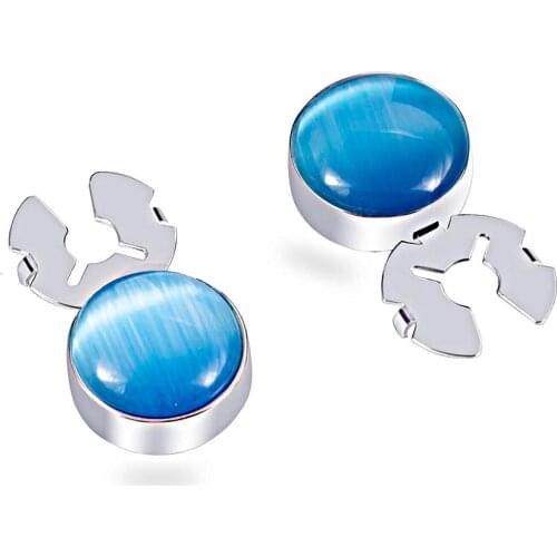 Blue Glitter Opal Stone Silver BUTTON COVER cufflinks for Tuxedo Business Formal Shirts 17.6MM one pair