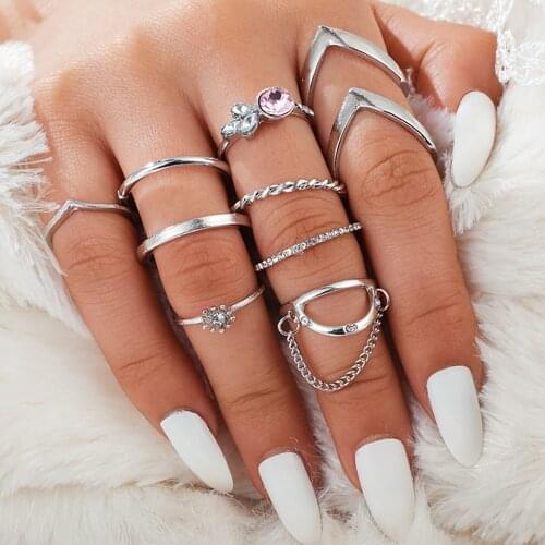 Starose 9 pcs/set Silver Color Chain Crystal Tree Finger Rings Set Female Tassel Joint Ring Toe Knuckle Rings for Women Jewelry