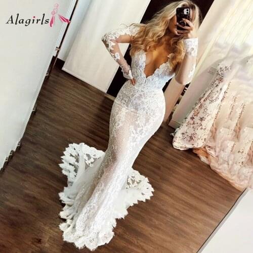 Long Sleeve Mermaid Wedding Dress 2021 Deep V-Neck Wedding Dresses Boho Lace Bridal Dress Wedding Party Dress vestido de noiva