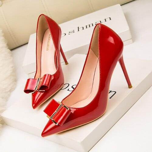 Women pumps PU Slip On 10CM Thin Heels High heels Pointed Toe Butterfly-knot Shallow shoes for women women shoes 2020 size 35-42