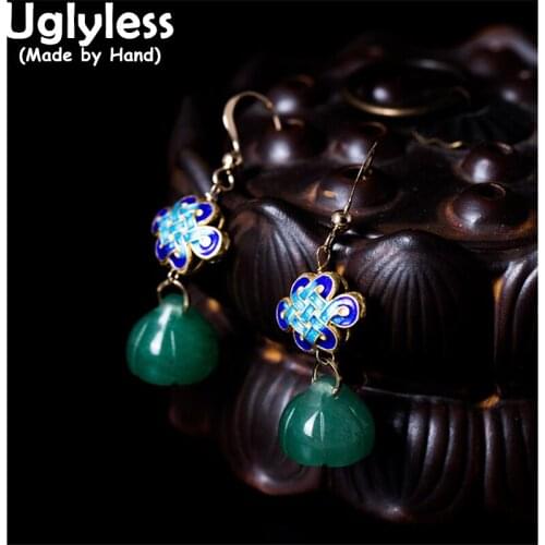 Uglyless Chinese knots Vintage Ethnic Earrings for Women Nature Jade Lotus Dangle Earrings 925 Silver Brincos Gold Retro Jewelry