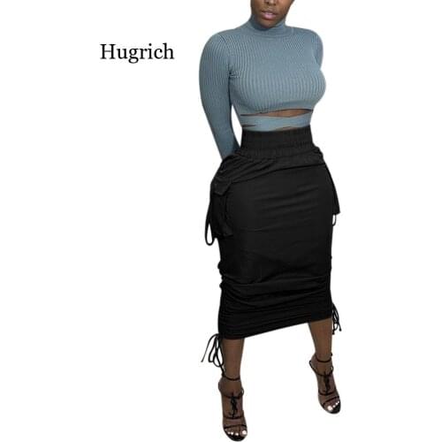 Drawstring Ruched High Waist Midi Skirt Black White Casual Sexy Fashion Womens Skirts Mid Length