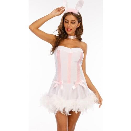 Pink & White Adult Naughty Bunny Halloween Costume Women Masquerade Party Cute Rabbit Cosplay Dress Nightclub Wear Sexy Costumes