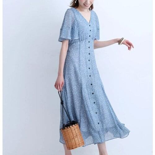 Japan Style Fresh Sweet Print Dresses Elegant V Neck Flare Sleeve Single Breasted Femme Robe Summer Temperament Drape Vestidos