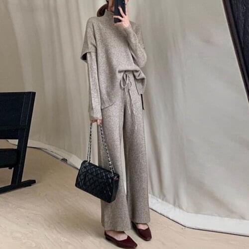 3 Piece Set Women Knitted Sweater Half Turtleneck Vest and O-neck Pullovers Tops and Lace-up Pants Sets Female Winter Outfits