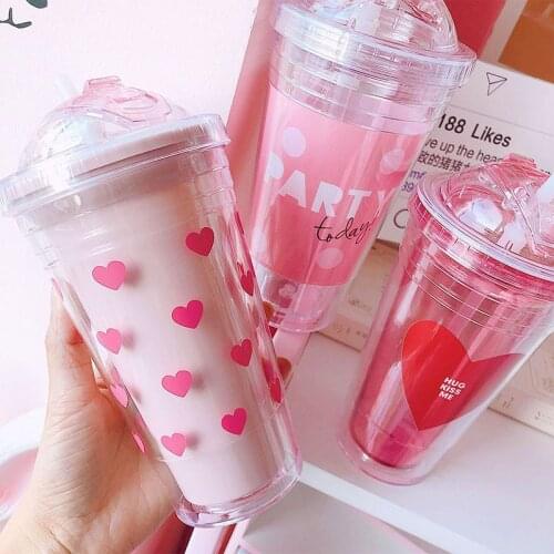 370ml Chic Dual Layer Cute Pink Heart Straw Cup BPA Free Plastic Cups with Lids Cool Summer Juice Milk Tea Drink Water Bottle
