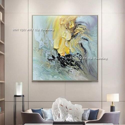 Abstract Yellow and Blue Oil Painting Poster Art 100% Handmade Bright Modern Nordic Canvas Living Room Home Decoration Mural