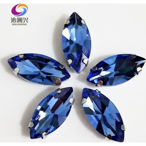 Free shipping Light blue Horse eye shape High quality Glass Crystal sew on claw rhinestones,Diy Clothing accessories SWM12