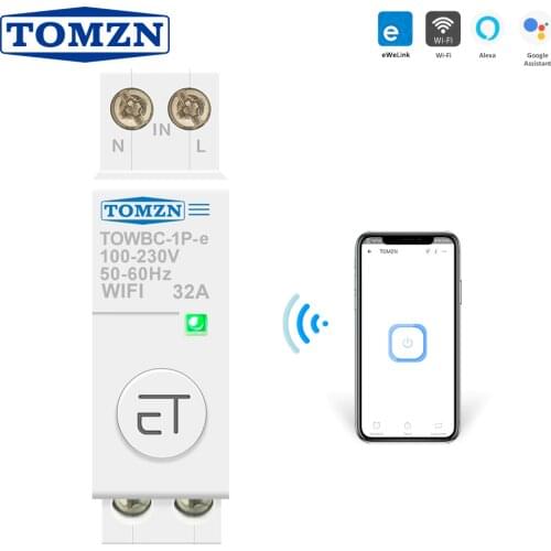 Din Rail WIFI Circuit Breaker Smart Switch Remote Control by Ewelink APP for Smart Home 18mm 32A 50A TOMZN Mini TOWBC-1P-e