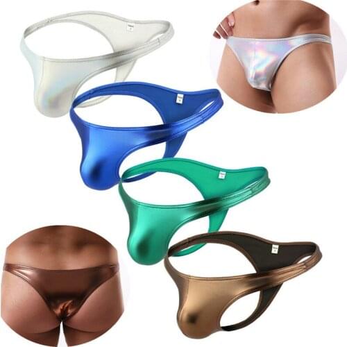 Mens Underwear Sexy Mens Briefs PU Leather WetLook T-back Thongs Bikini Underpants Party Club Dancewear Bulge Pouch Man Panties