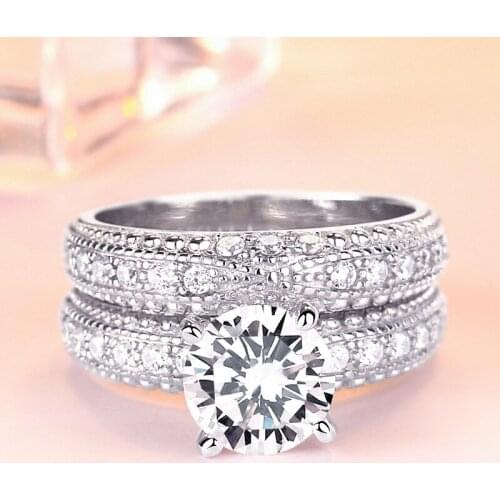AIYANISHI 925 Sterling Silver Wedding Ring Set 2ct Round Finger Ring Set for Women Silver Engagement Bridal Rings Jewelry Gifts