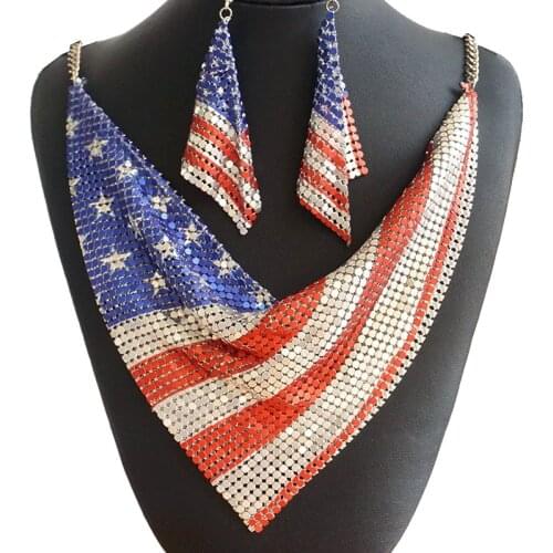 Hyperbole Jewelry Sets Aluminum sheet Leopard Five-Pointed Star National Flag Stripe Bib Statement Necklace Dangle Earrings