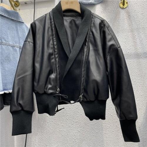 Spring Women Black Faux PU Leather Short Jacket Fashion Thread Knit Stitching Loose Drawstring Stand Collar Cardigan Coat Female
