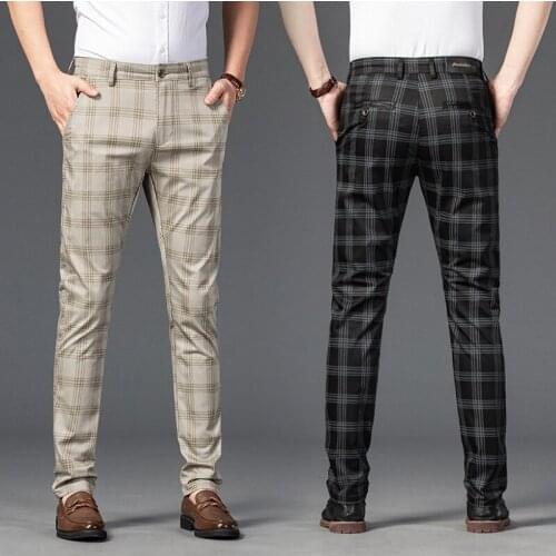 QUANBO Mens Slim Fit Plaid Suit Pants 2021 Spring Summer New Arrivals Men Business Casual Mens Plaid Pants