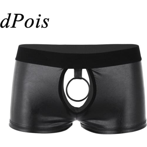 Mens Lingerie Faux Leather Cut Out Boxer Briefs Underwear & Lifter Metal O-ring Male Man Hollow Out Sexy Underpants Gym Swimwear