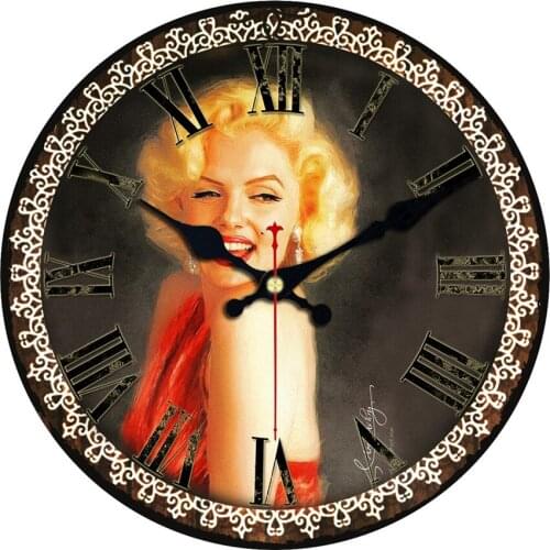 Marilyn Monroe Wall Clocks,Classic Beauty Silent Room Figure Wall Decor Non-Ticking Silent Quiet Vintage Wooden Round Clocks