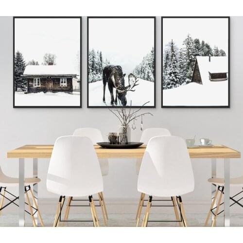 Winter Forest Moose Wall Art Canvas Poster Print Snow Trees Forest Painting Winter Photography Picture Home Room Decor Unframed