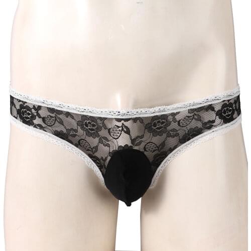 Mens Lingerie Sissy Underwear Bulge Pouch See-through Lace Briefs Panties Floral Pattern G-string Underpants