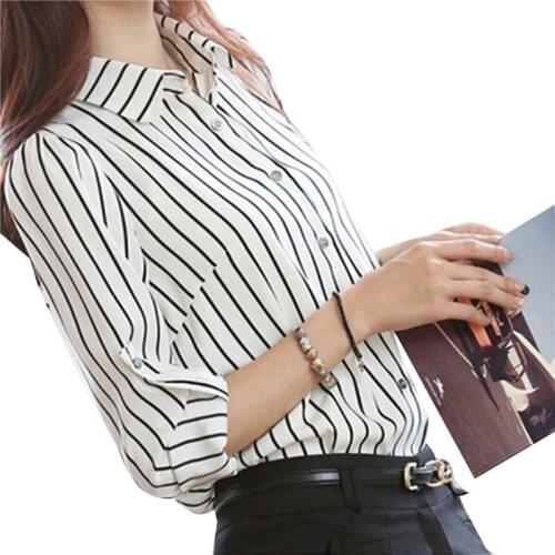 New Style Long-sleeved White And Black Striped Professional Blouse Bottoming Top Shirt Fashion Slim Shirt