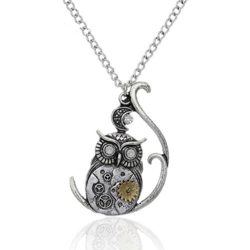 DoreenBeads Steampunk Necklace Link Curb Chain Silver Color Halloween Owl Moon Gear Pendant With Clear Rhinestone 57.5cm, 1 PC